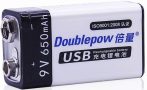   Rechargeable battery Li-Ion 9V 650mAh 6F22, Doublepow, USB power supply