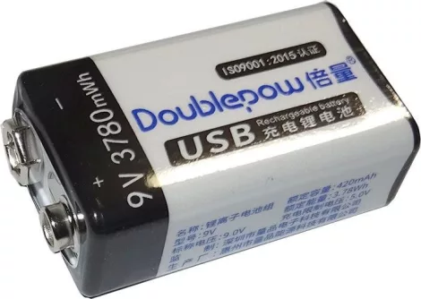 Rechargeable Li-Ion 9V 420mAh 6F22 battery, Doublepow, USB-C power supply