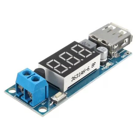 Tápegység modul, lépcsős csökkentő átalakító 4.5-40V-ról 5V/2A-ra, USB + voltmérő Tápegység modul, lépcsős csökkentő átalakító 4.5-40V-ról 5V/2A-ra, USB + voltmérő
