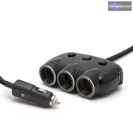 Szivargyújtóaljzatba csatlakoztatható 3-as elosztó + 2 x USB