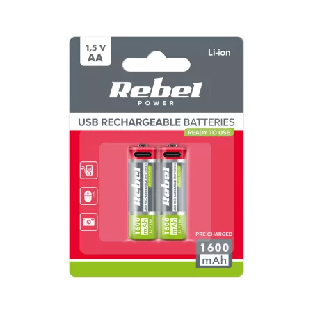 REBEL AA akkumulátor, 1600 mAh, Li-ion, 1,5V, 2db/csomag, R6, C típusú csatlakozó