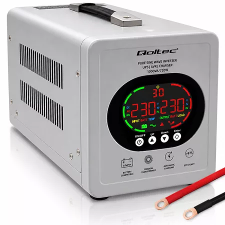 Szünetmentes tápegység Qoltec Tiszta Szinuszhullámú UPS | 1000VA/720W | 12/230V Átalakító AVR-rel | LCD | LiFePO4 AGM GÉL