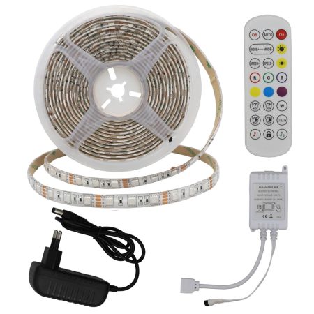 RGB LED szett03:5m DC12V 5050 60SMD/m IP54 RGB LED szalag+tápegység+vezérlő+távirányító - 8W/m,480lm/m,10mm