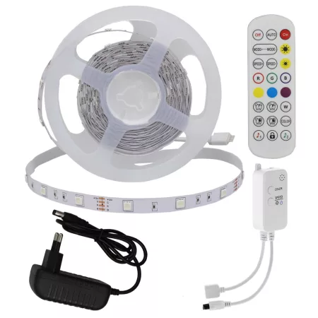 RGB LED Bluetooth01: 5m DC12V 5050 30SMD/m IP20 RGB LED szalag+adapter tápegység+Bluetooth vezérlő+távirányító - 4W/m,240lm/m,10mm