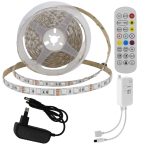   RGB LED Bluetooth02: 5m DC12V 5050 60SMD/m IP20 RGB LED szalag+adapter tápegység+Bluetooth vezérlő+távirányító - 8W/m,480lm/m,10mm