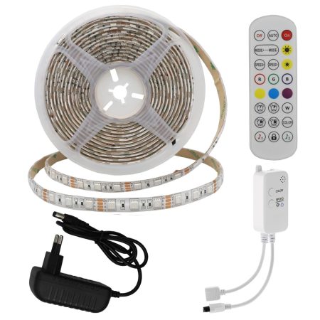 RGB LED Bluetooth03: 5m DC12V 5050 60SMD/m IP54 RGB LED szalag+adapter tápegység+Bluetooth vezérlő+távirányító - 8W/m,480lm/m,10mm