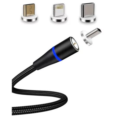 USB 3in1 töltőkábel cserélhető mágneses fejekkel, C-type; micro USB, Lightning - 1m